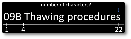A diagram of a violation string "09B Thawing procedures" The diagram includes index numbers underneath showing 1 at the 0 in text, 4 at the first space, and 22 at the s ending the string. The string "number of characters?" is above the violation description portion of the violation string.