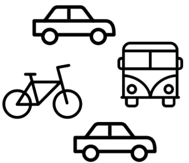 2 cars, 1 bus, 1 bike