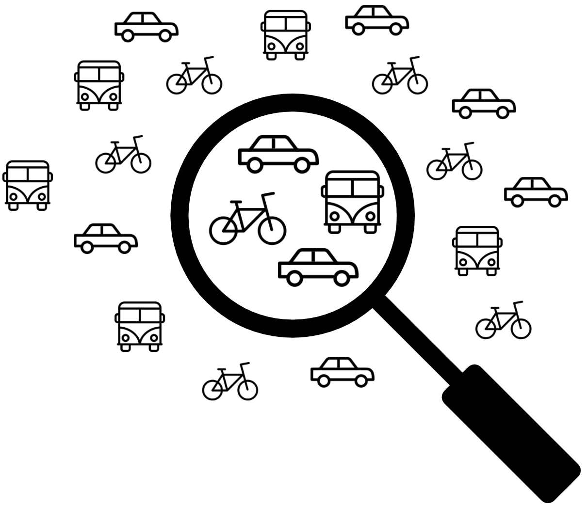 2 cars, 1 bus, 1 bike surrounded by more cars, buses, and bikes
