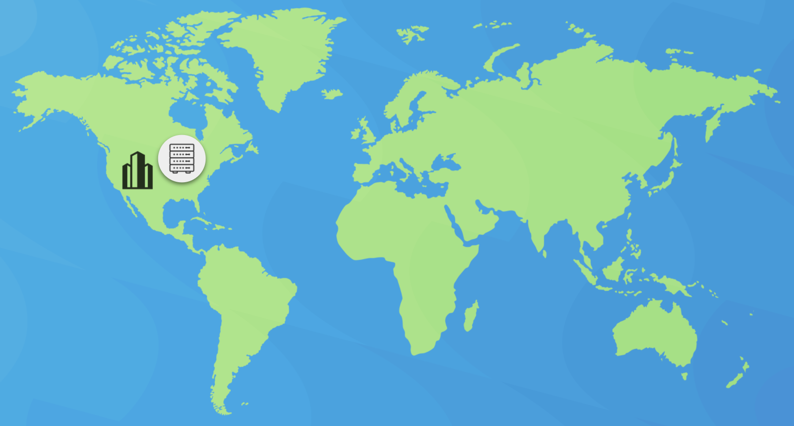 Global map with a data center in the USA