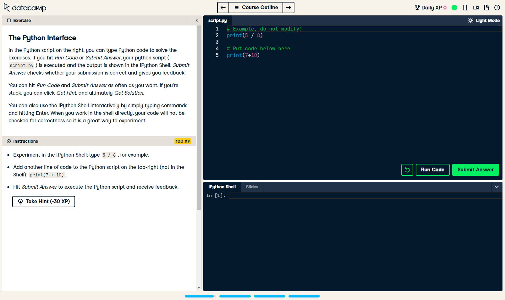 DataCamp exercise environment screenshot
