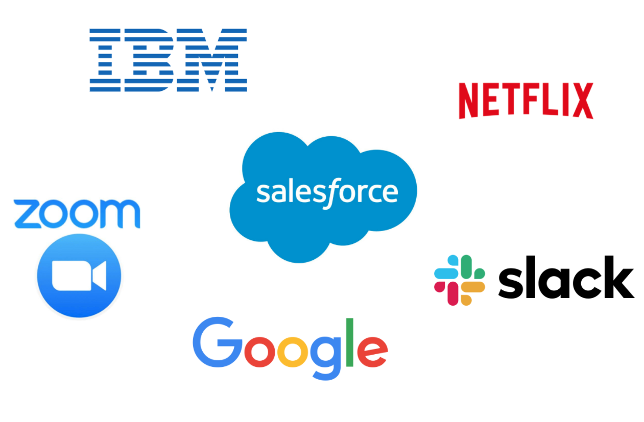 Company logos of Salesforce, IBM, Netflix, Slack, Google and Zoom