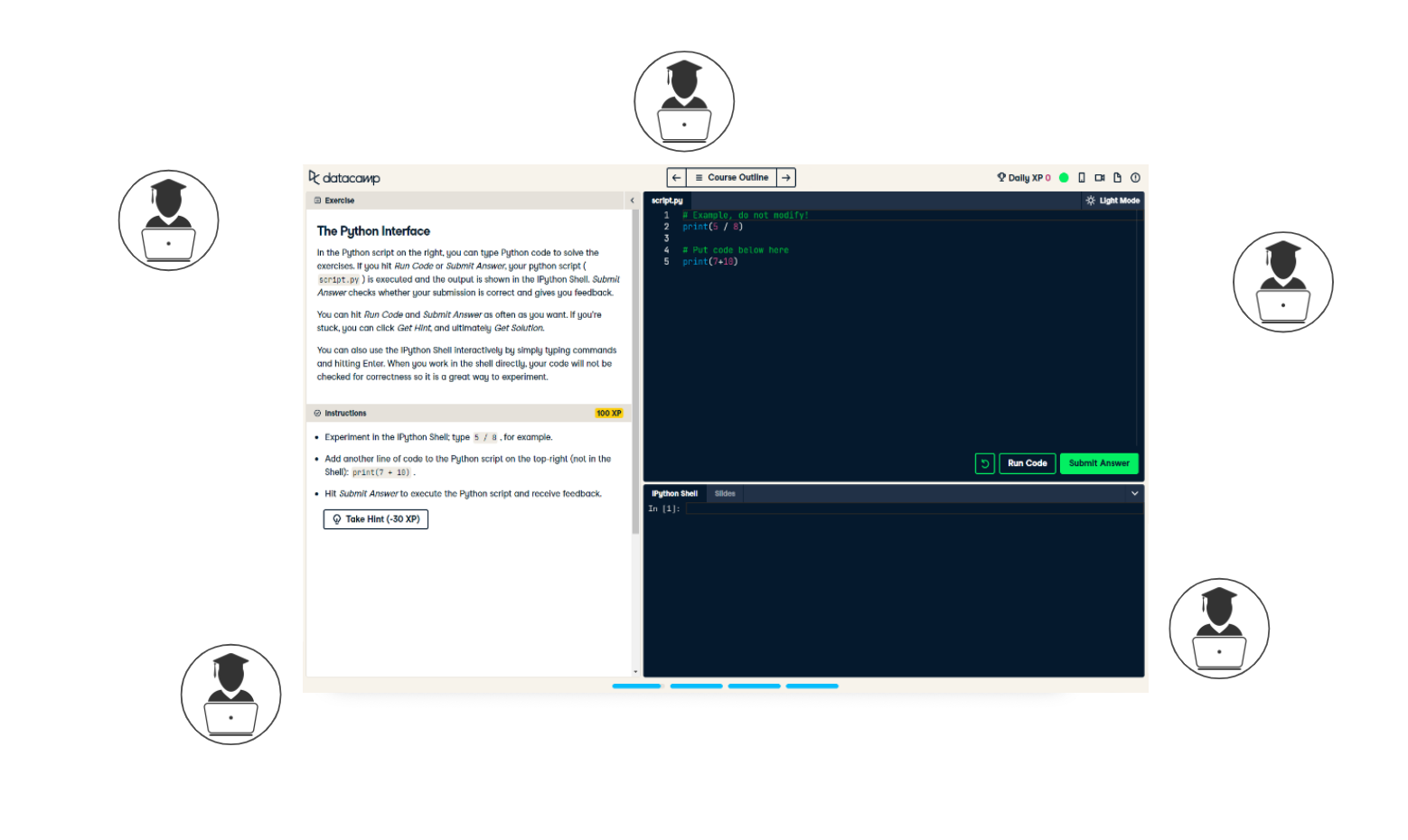 A few user icons around DataCamp exercise environment screenshot