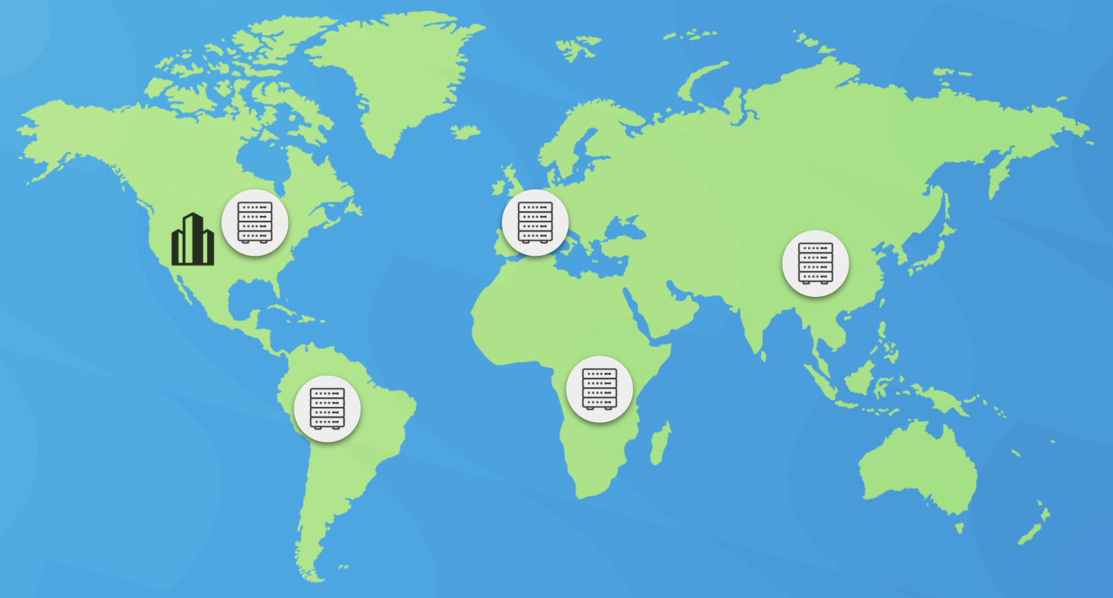 Global map with data centers in the USA, Europe, South America, Africa, and Asia