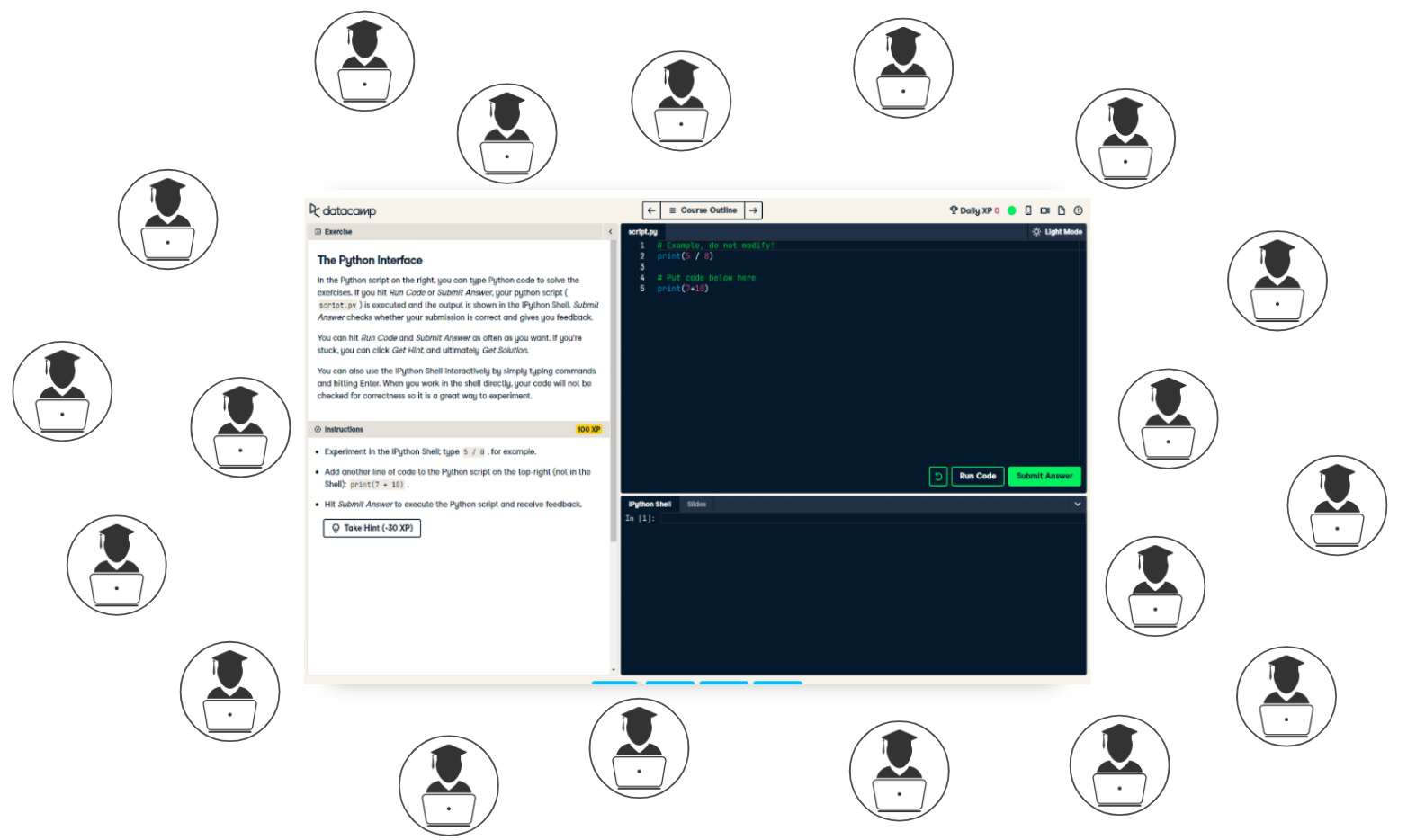 A lot of user icons around DataCamp exercise environment screenshot