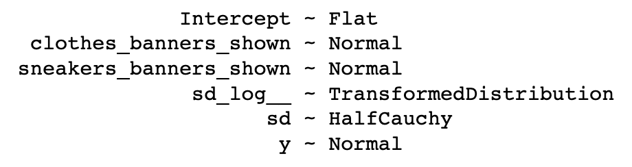 Output from pymc3 print function, listing the priors for model parameters.