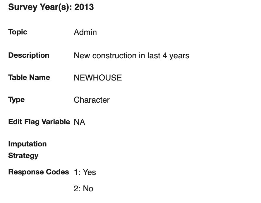 An example code book from the American Housing Survey.