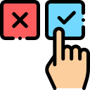 Image of a hand pointing to one of two buttons, selecting the one with a check mark