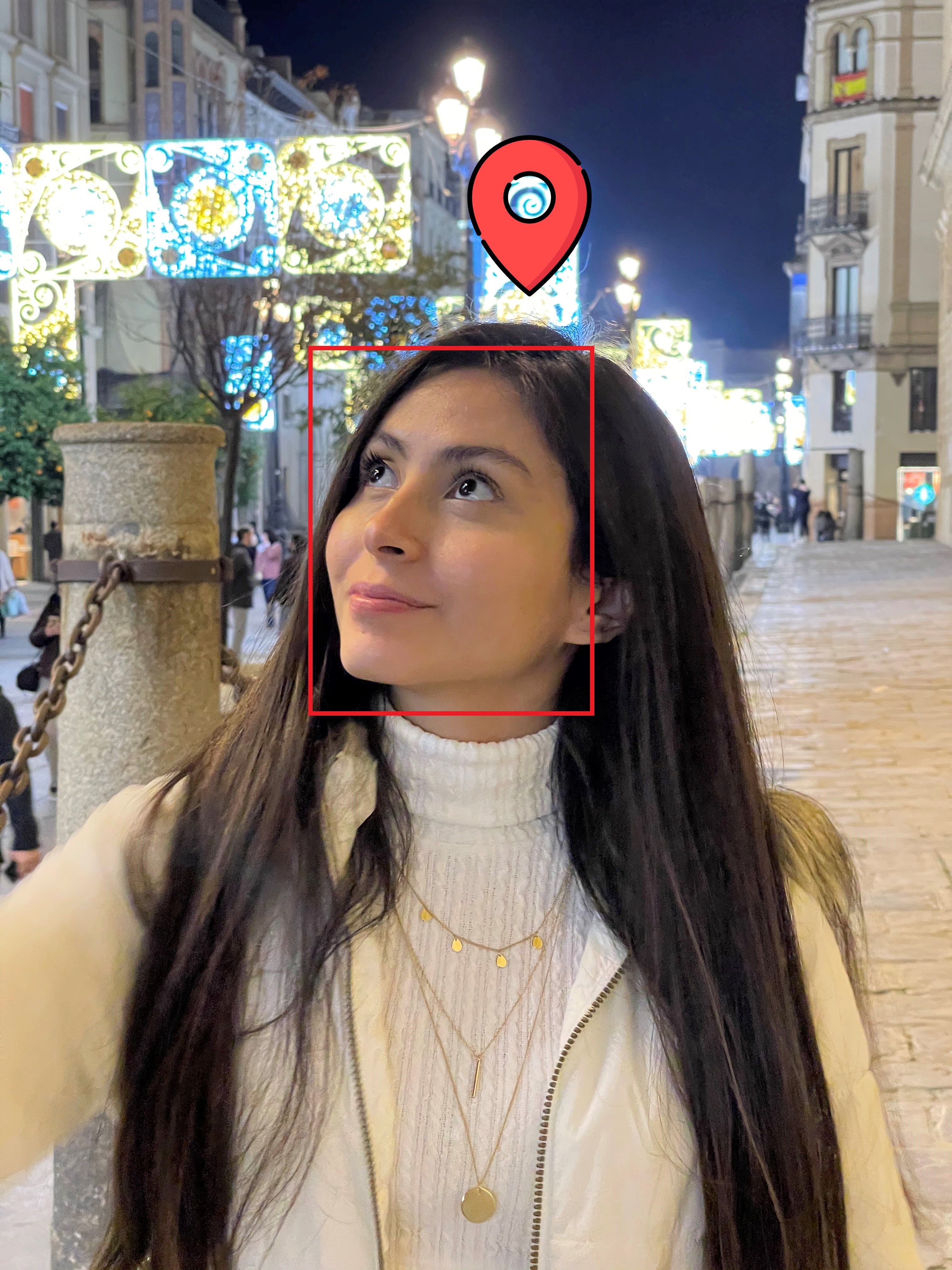 Facial recognition system applied to the face of a woman in the street, at the same time a GPS icon is above her head