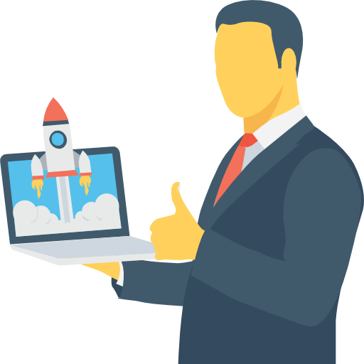 Drawing of a man holding a laptop with a rocket coming from the screen