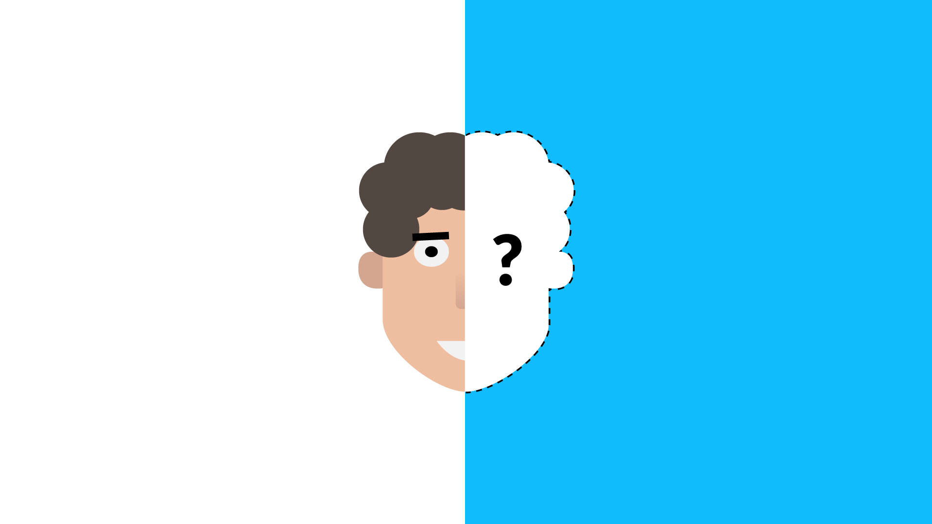Drawing of a face divided in half. The right side has a question mark