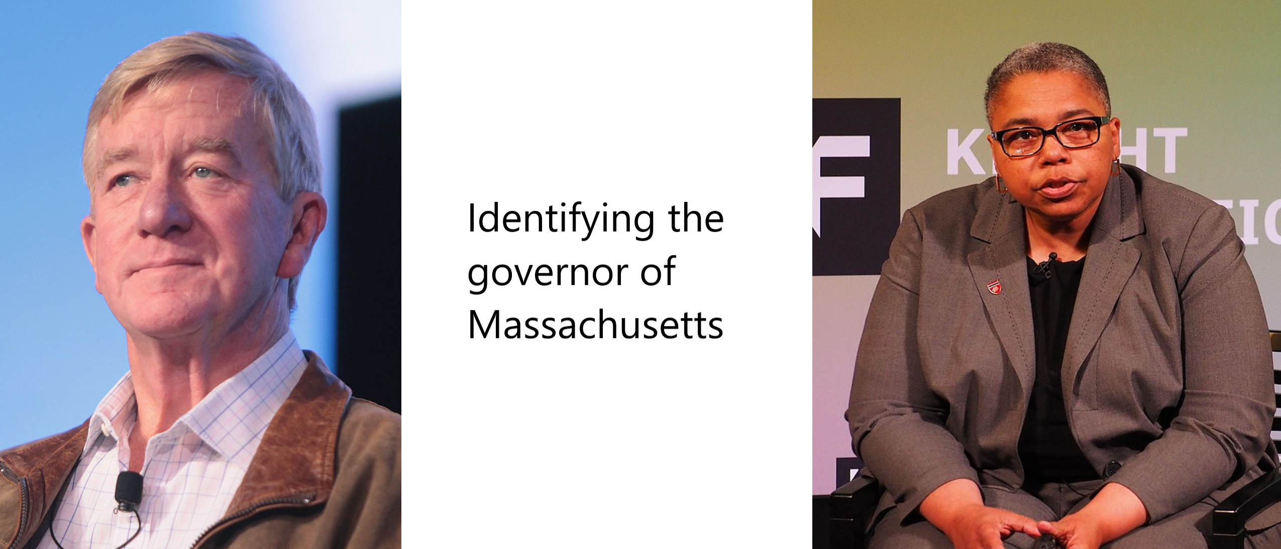 Image presenting the governor of Massachusetts in the left, text that says "Identifying the governor of Massachusetts" and Harvard Professor Latanya Sweeney on the right