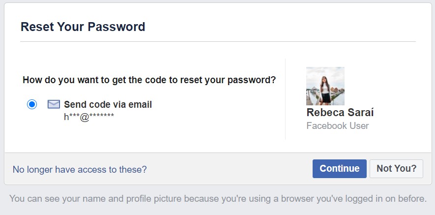 Screenshot of the reset your password section page of Facebook, showing email partially masked