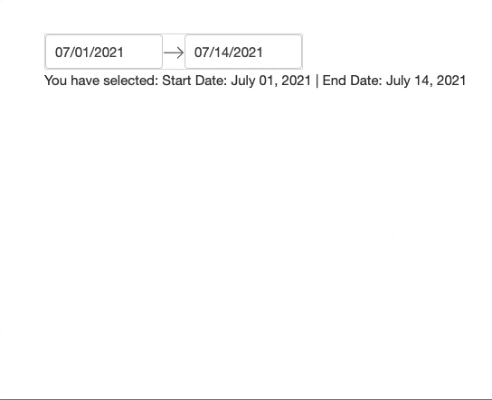 A gif of a common date picker example. There are two date input fields with the dates of 1st of July 2021 and 14th of July 2021 selected. The mouse clicks the second input, and a calendar appears, which already has highlighted in green all days between the 1st and 14th of July. A different date is selected, July 28th, 2021, and the calendar collapses and the noted date in the second selector has changed.