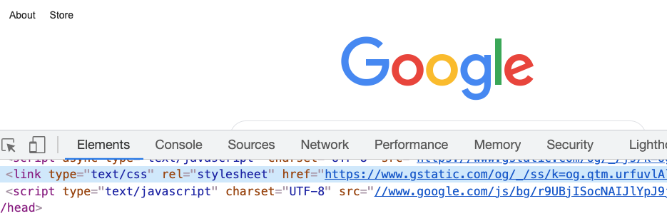 A screenshot of Google's homepage with the chrome developer tools open where it can be seen that there is a tag that links to a stylesheet. The code notes "<link type="text/css" rel=Stylesheet href=" and a link after the href to the CSS file location