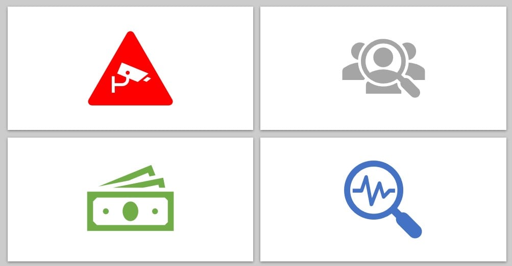 icons for privacy, investigating trends, money, and people