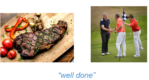 image of steak on the left and golfers on the right with text "well done"