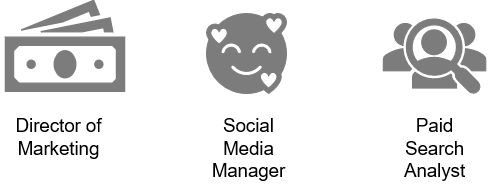 icons listing Director of Marketing, Social Media Manager, and Paid Search Analyst