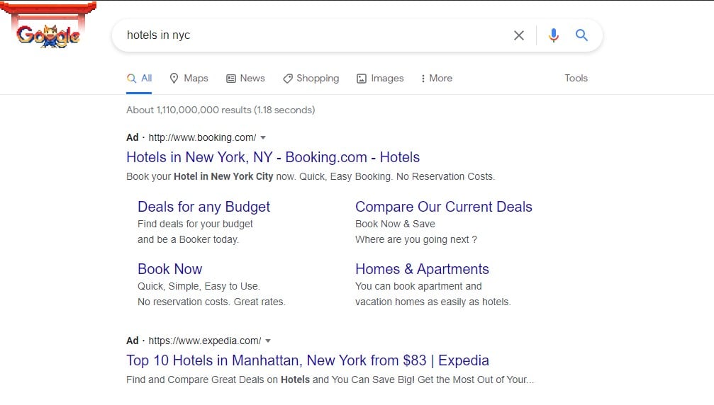 paid search ads on Google for "hotels in nyc" keyword