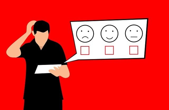 man scratching head looking at paper with happy, neutral, and smiling faces