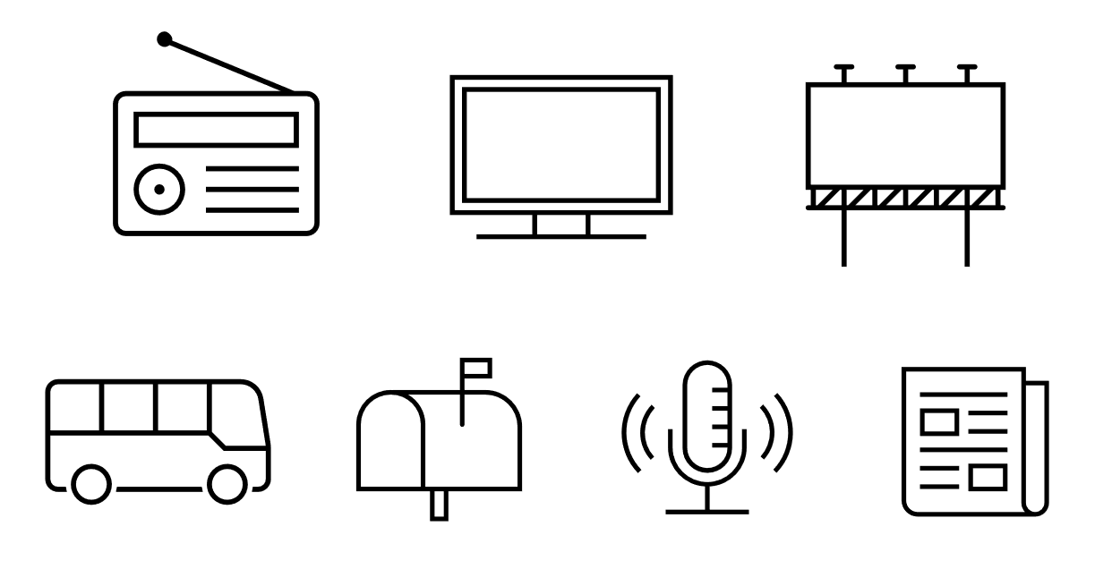 icons for radio, tv, billboard, bus, mailbox, microphone, and newspaper