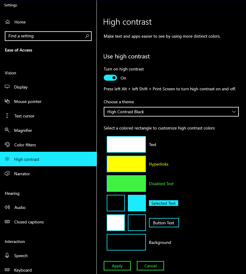 Enabling high contrast mode in Windows.