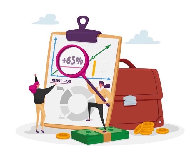 Cartoon image of two women assessing percentages and graphs surrounded by money and a briefcase