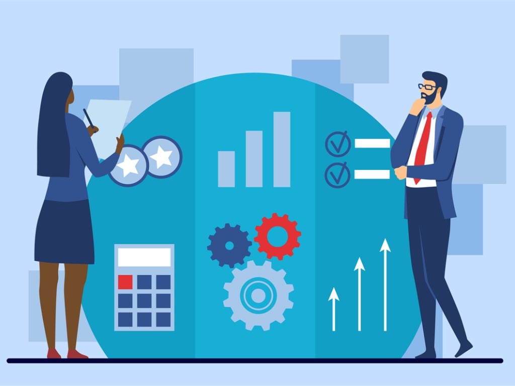 Cartoon image of two individuals looking at performance visuals