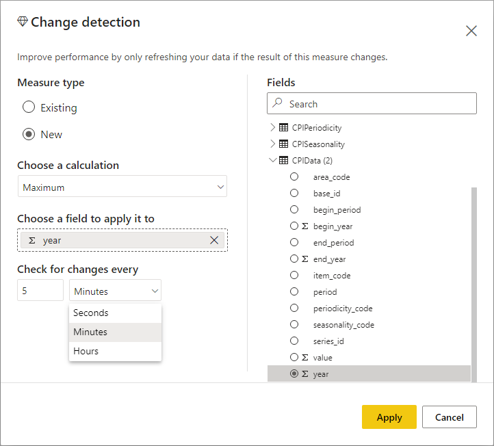 Change detection options for automatic page refresh.