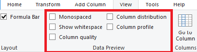 A screen shot of Power Query showing the view ribbon selected and highlighting the data preview features