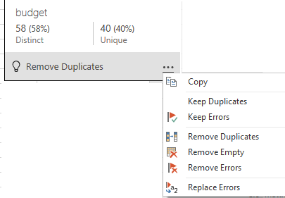 A screen shot of the contextual menu that appears after hovering over the column quality feature