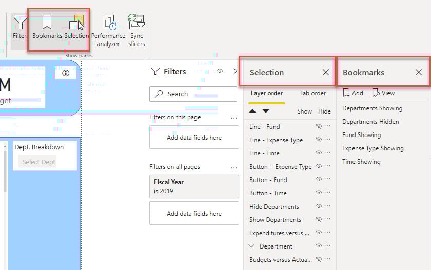 The bookmark and selection panes