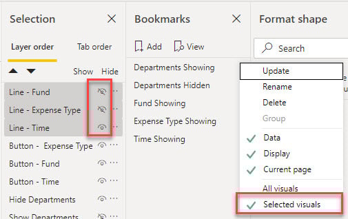 Selecting visuals for a bookmark to control