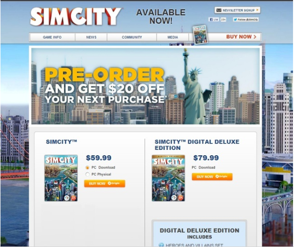 SimCity webpage with banner that says "pre-order and get $20 off your next purchase"