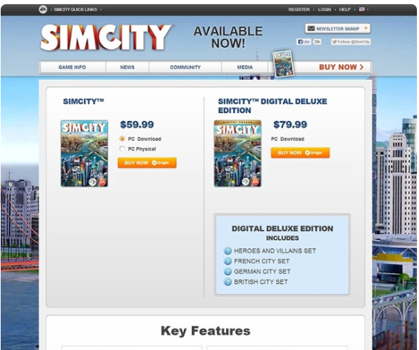 SimCity webpage without banner