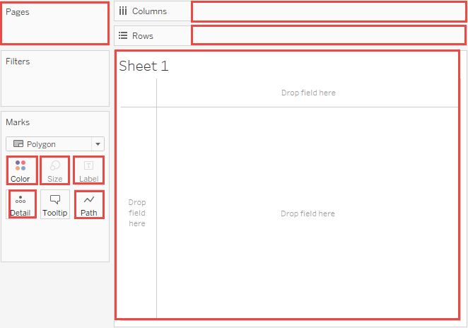 Screenshot of Tableau's canvas and surrounding shelves and Marks cards