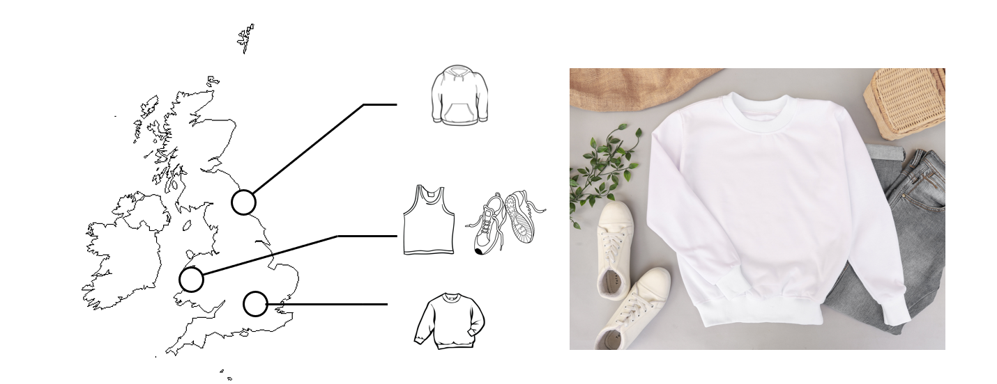 A visual with a silhouette of the United Kingdom and examples of textile products sold, e.g. a sweater
