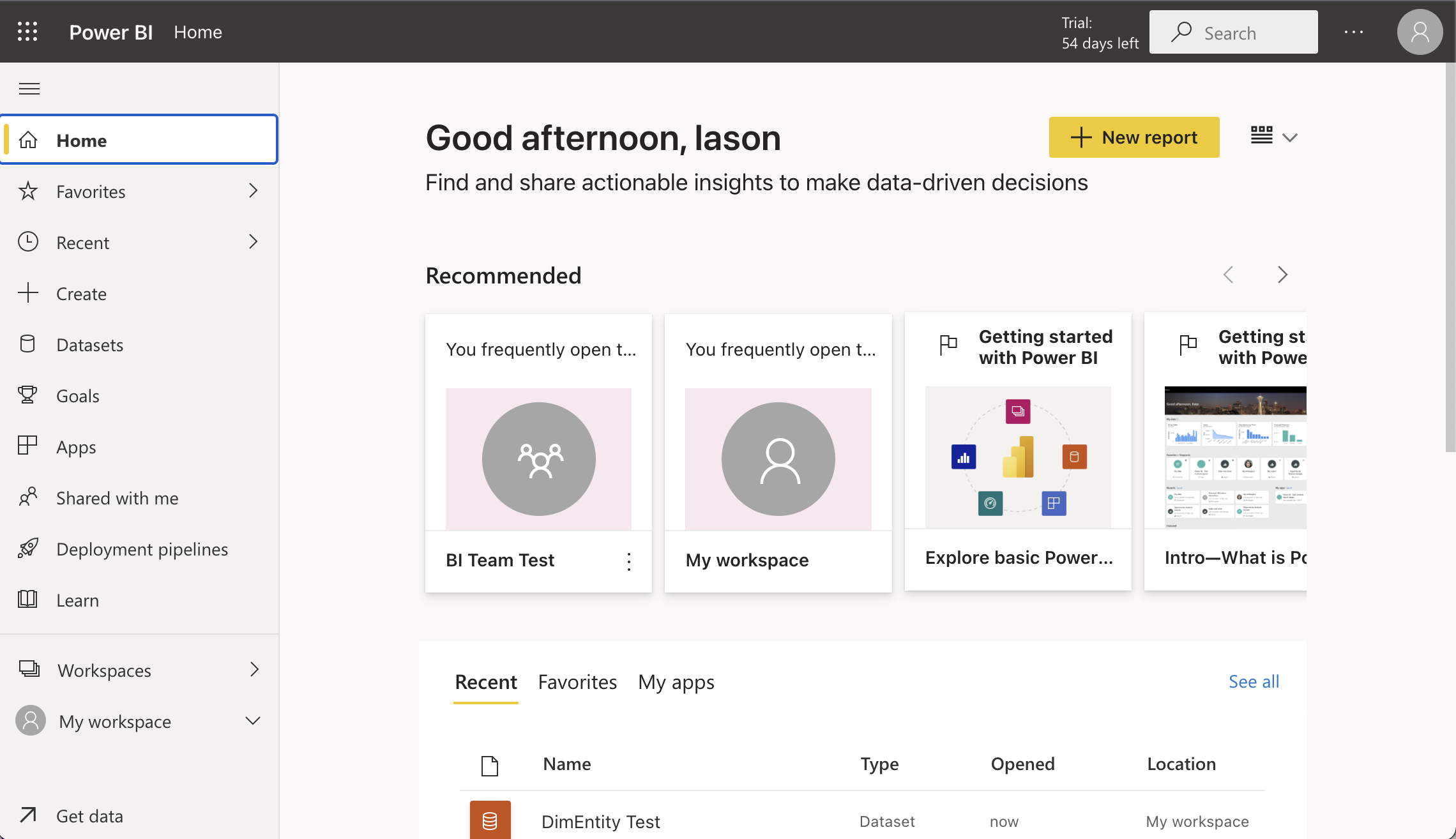 Power BI Service Home page