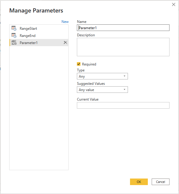 Parameters setup window