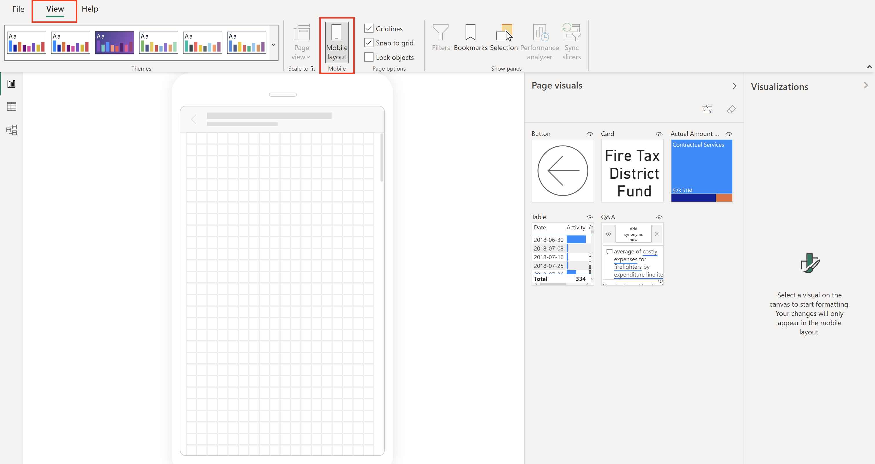The mobile layout in Power BI Desktop