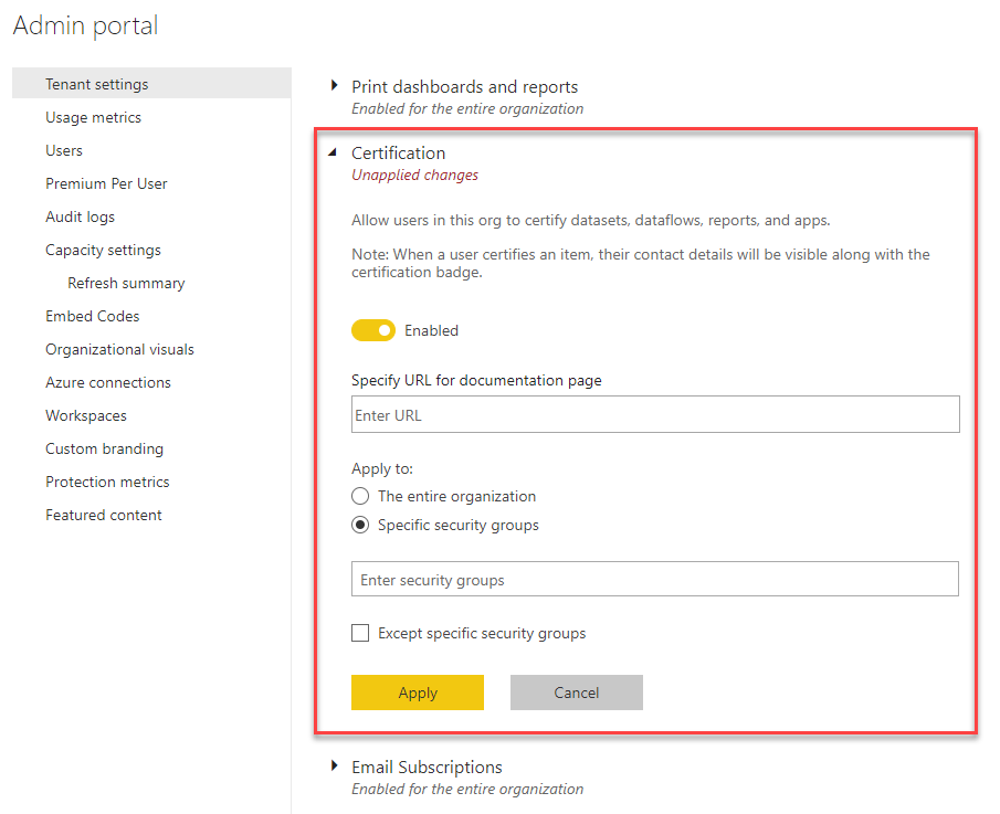 Certification settings