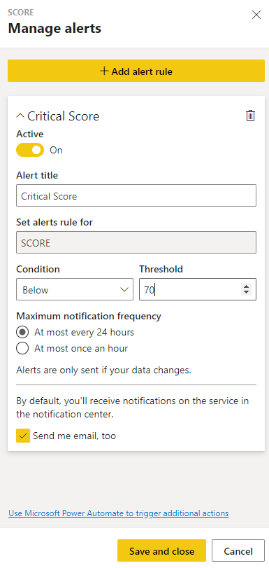 Creating a data alert on a dashboard tile