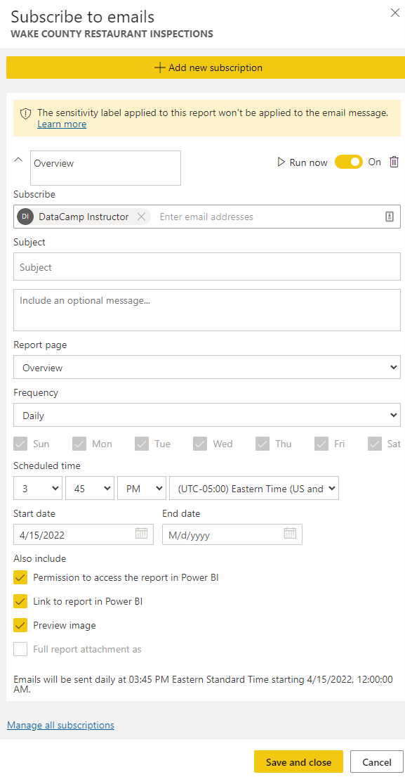 An example of creating a report subscription