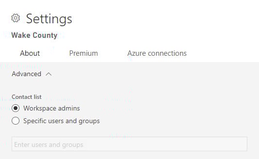 A set of contacts for a Power BI workspace