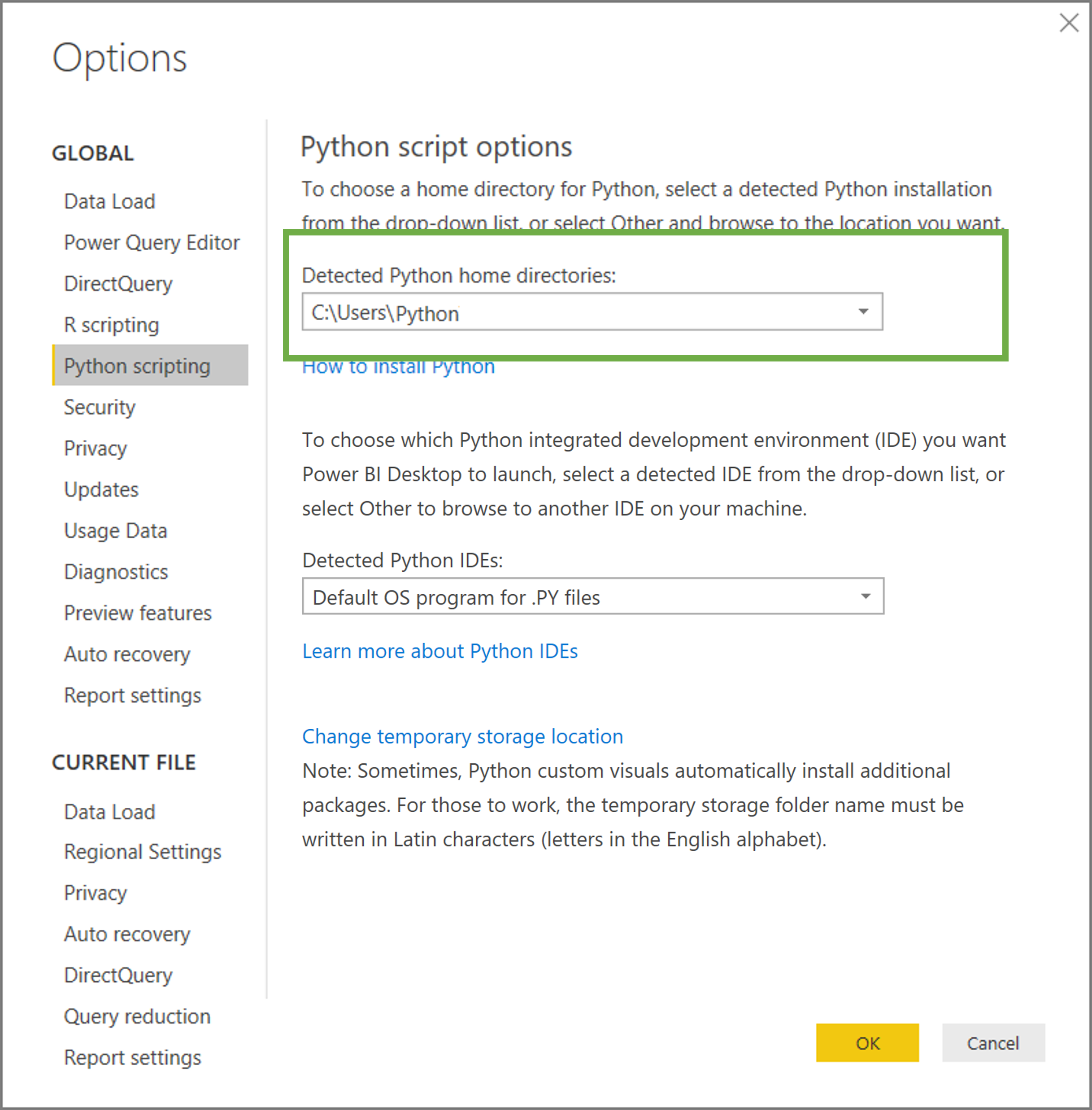 Power BI settings menu, highlighting the options for Python scripts. There is a green text box around the home directory settings.