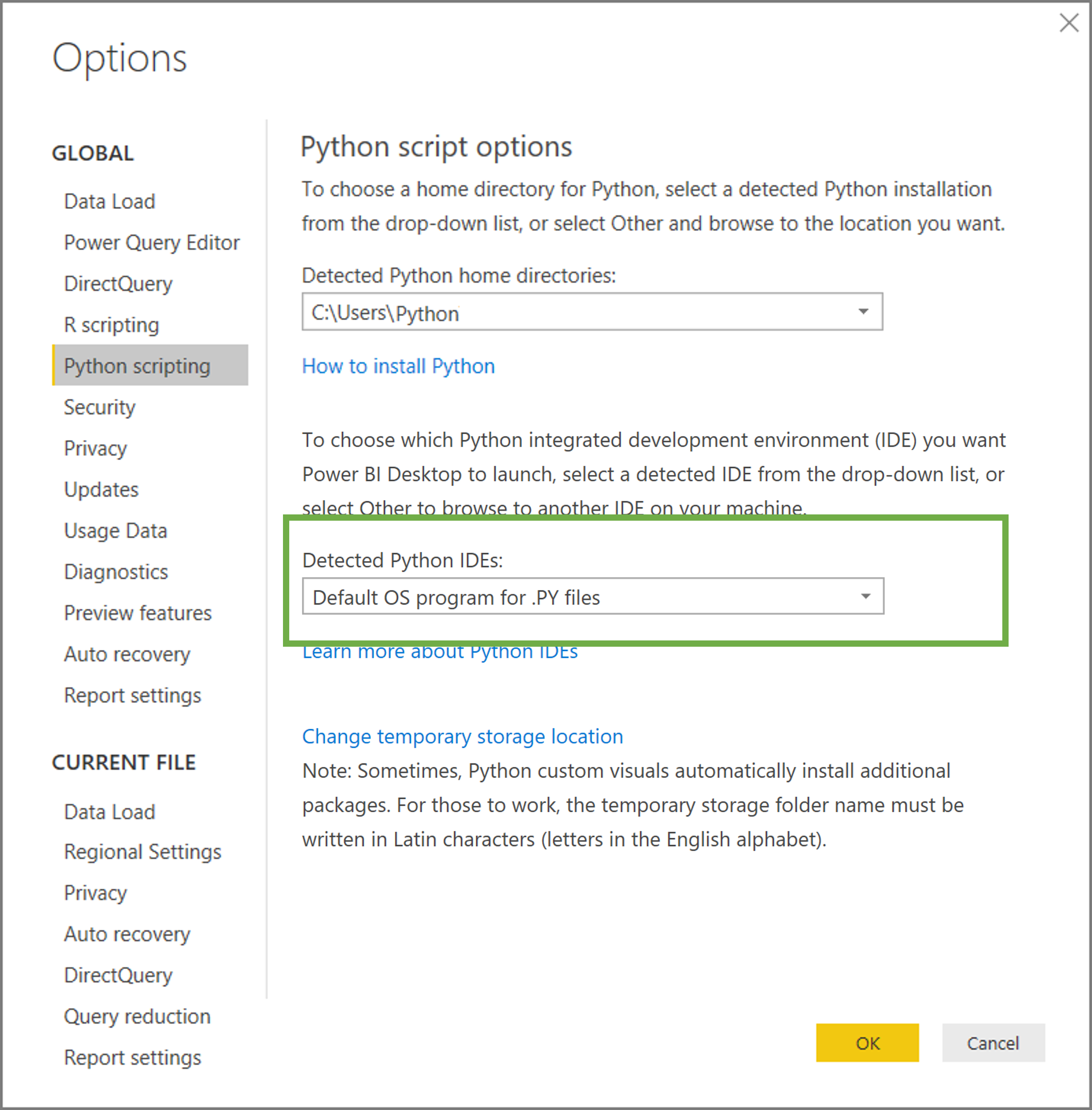 Power BI settings menu, highlighting the options for Python scripts. There is a green text box around the integrated development environment settings.