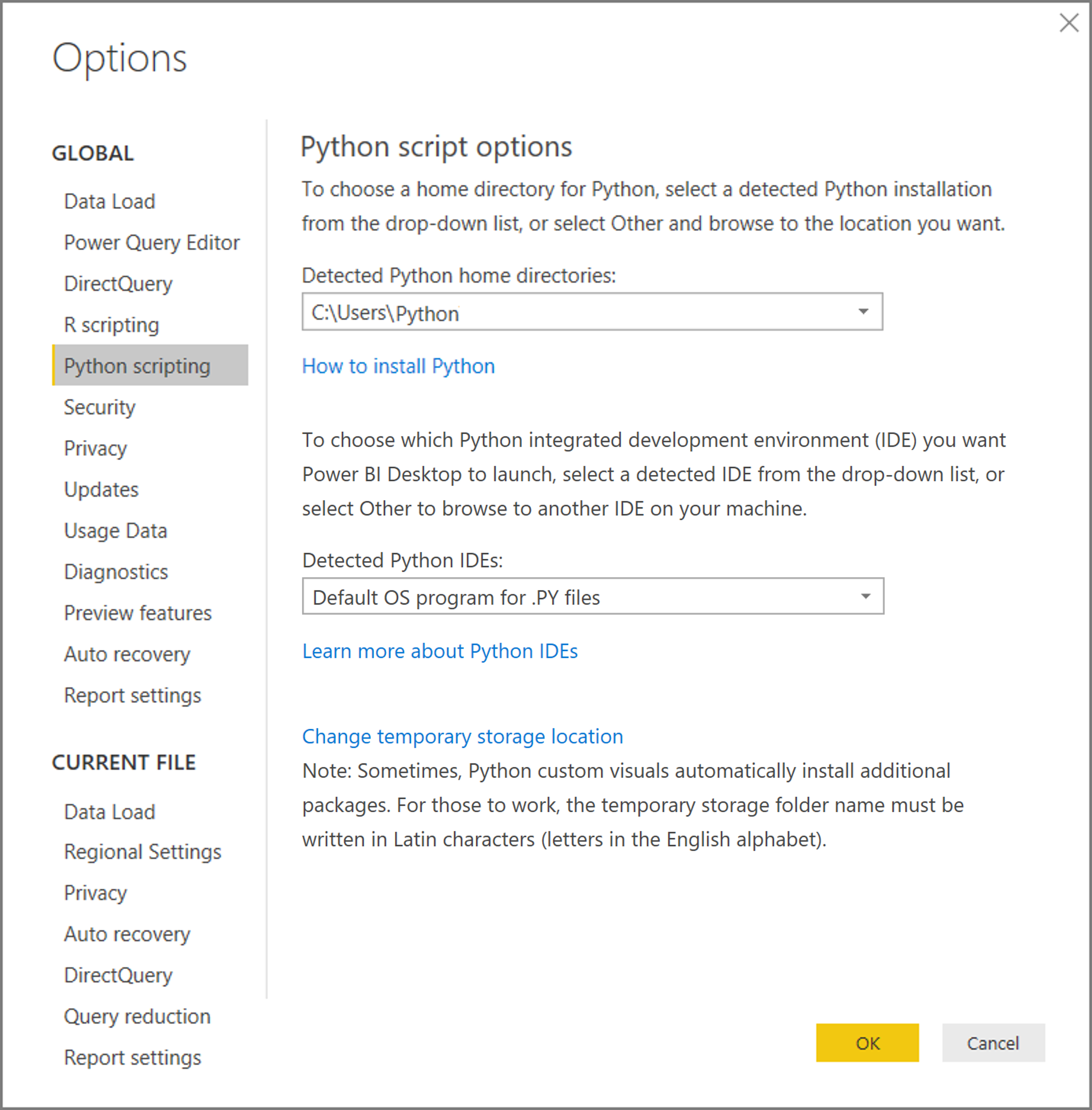 Power BI settings menu, highlighting the options for Python scripts.