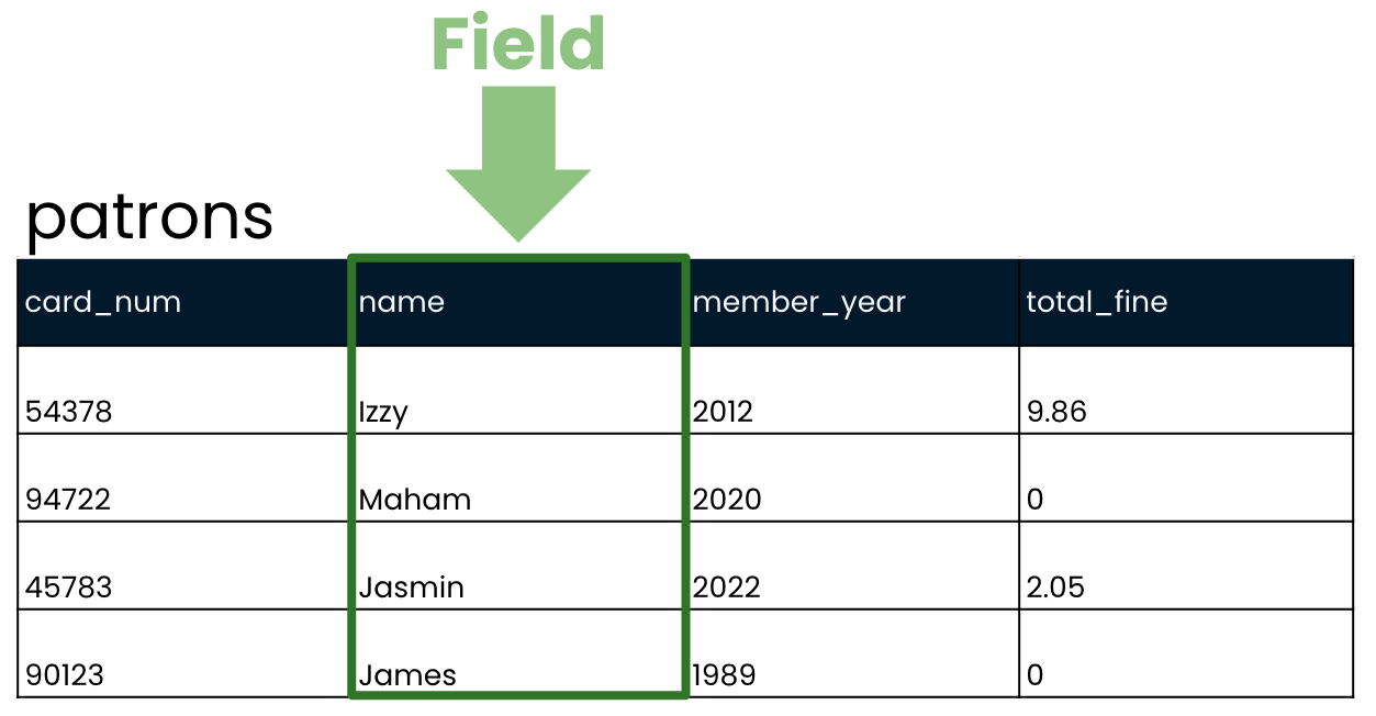 the patrons table with a single field highlighted