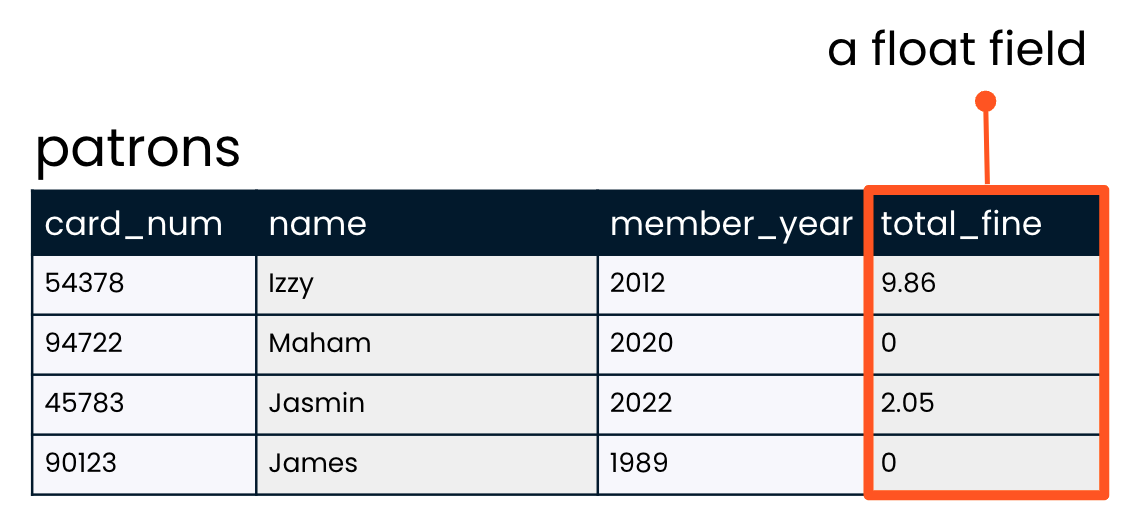 the patrons table with the total_fine field highlighted as an example of a float field