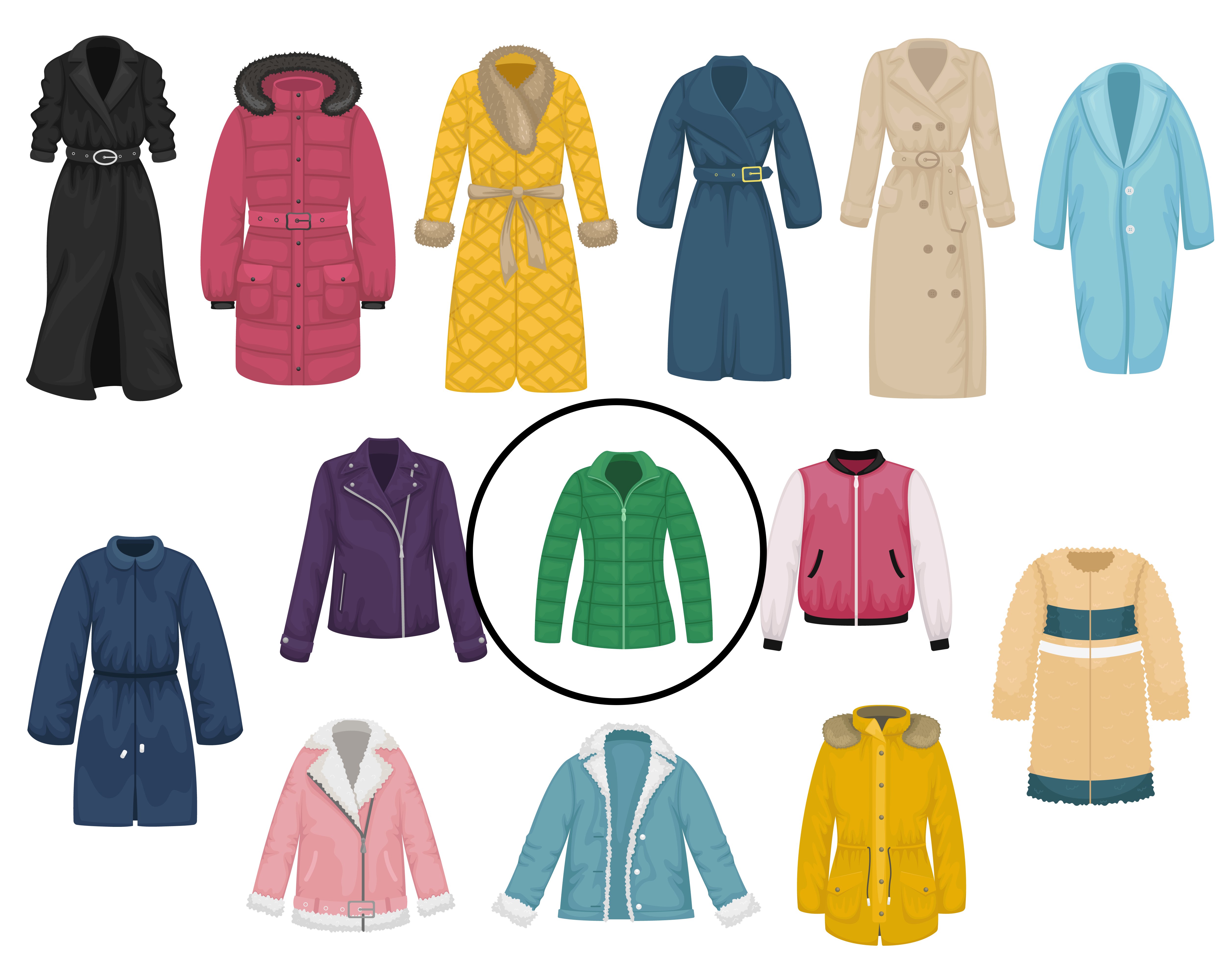Image showing a variety of colorful coats and with a circle around the green coat